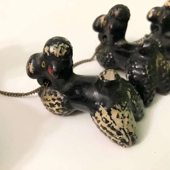 Vintage 60s Redware Poodle Family Set Mom Pups Black White on Chains Japan Flaws - Picture 7 of 16